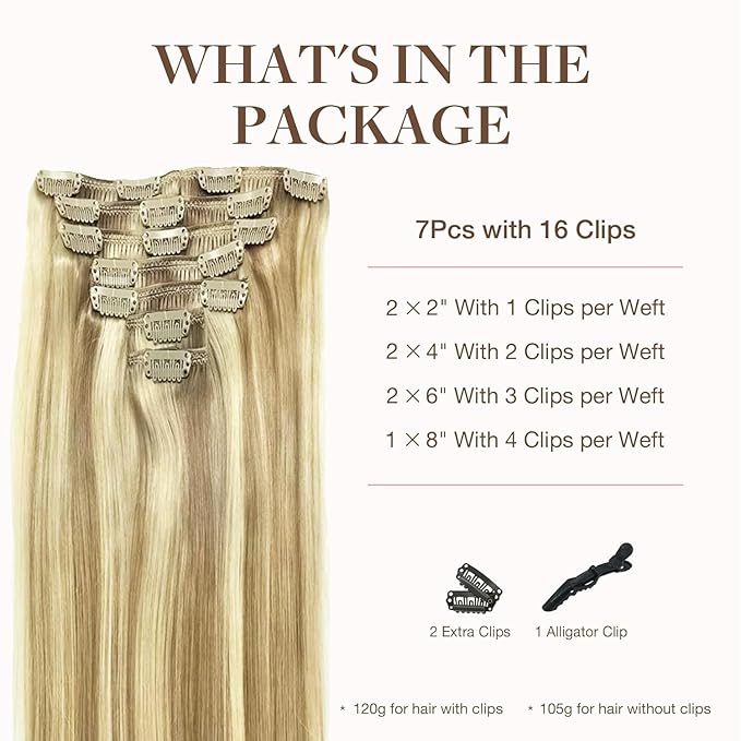 GOO GOO Clip in Hair Extensions Real Human Hair, Remy Human Hair Extensions Clip ins for Women, Natural Human Hair, 16inch 160g 7Pcs, #16/22 Light Blonde Highlighted Golden Blonde