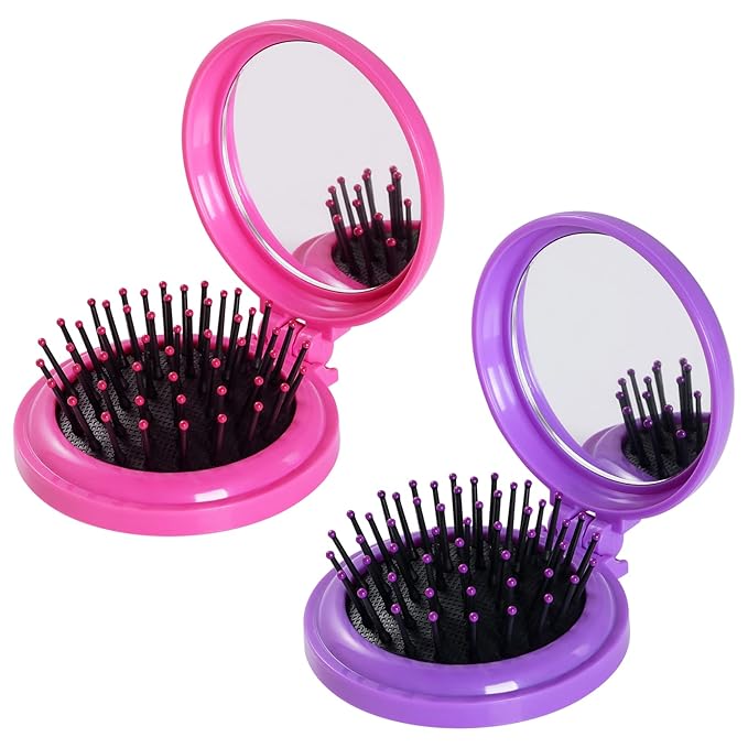 2pcs Folding Travel Mirror Hair Brushes Round Mirror Pocket Hair Brush Portable Mini Pop Up Hair Brushes for Women Girls Wet and Dry Hair