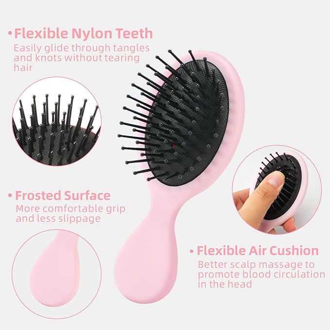 Mini Hair Bursh for Women,girls-Protable Travel Size Hair Brush for Pockets,Purse,backpack-Mini Detangler Brush for All Hair Types,Small Hair Brush for Detangling(Pink)