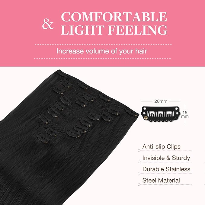 GOO GOO Clip in Hair Extensions Real Human Hair, Remy Human Hair Extensions Clip ins for Women, Natural Human Hair, 20inch 150g 9Pcs, 1 Jet black