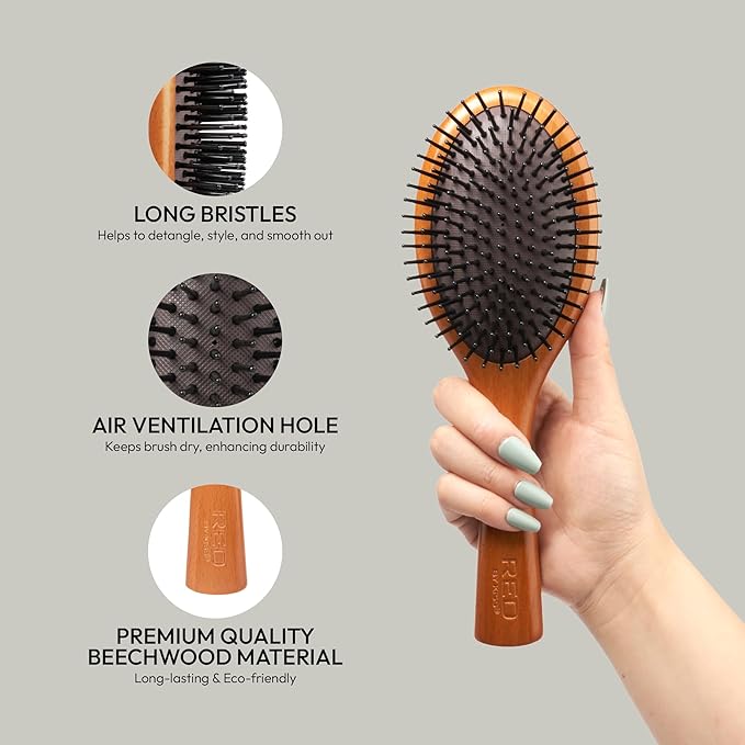 RED Premium Evergreen 100% Wooden Paddle Brush - Detangling Hair Brush With Long Bristles for Thick, Curly, Thin, Wet or Dry Hair (Oval Paddle)