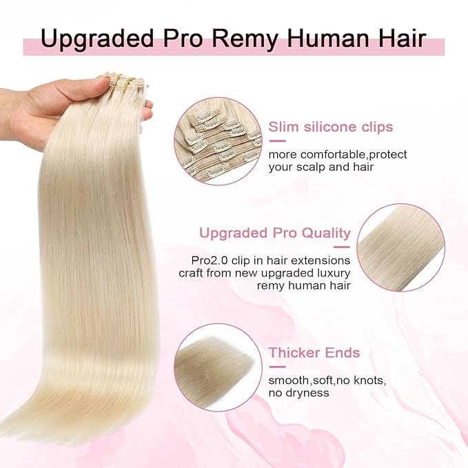 Pro2.0 Remy Real Human Hair Extensions Clip ins 120g Thick 7pcs Color #60 Platinum Blonde Remy Clip in Hair Extensions Real Human Hair 16inch Seamless Double Weft for Women（#60-16inch）