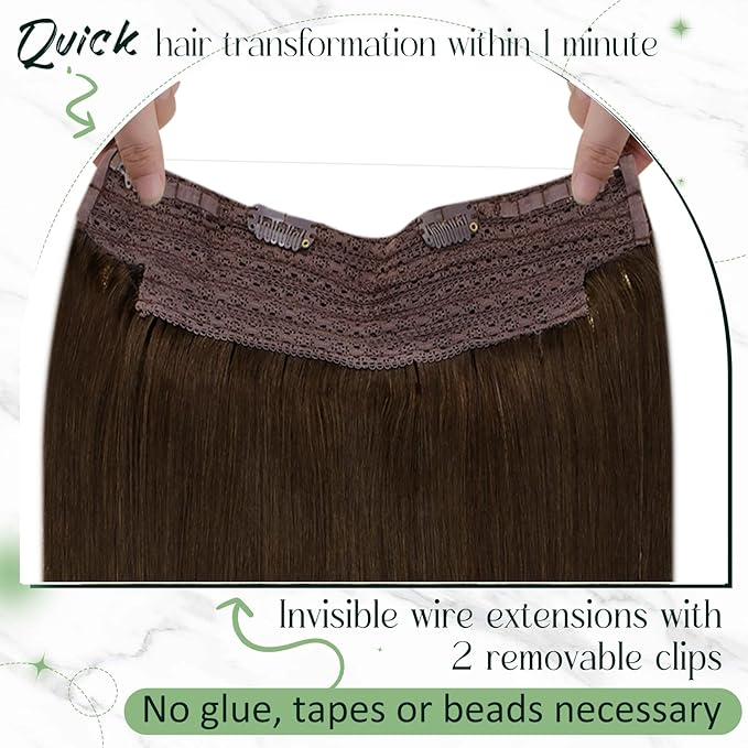 RUNATURE Invisible Wire Hair Extensions 20 Inch Brown Wire Hair Extensions Real Human Hair 100g One Piece Remy Straight Soft Hair for Women Easy to Apply #4