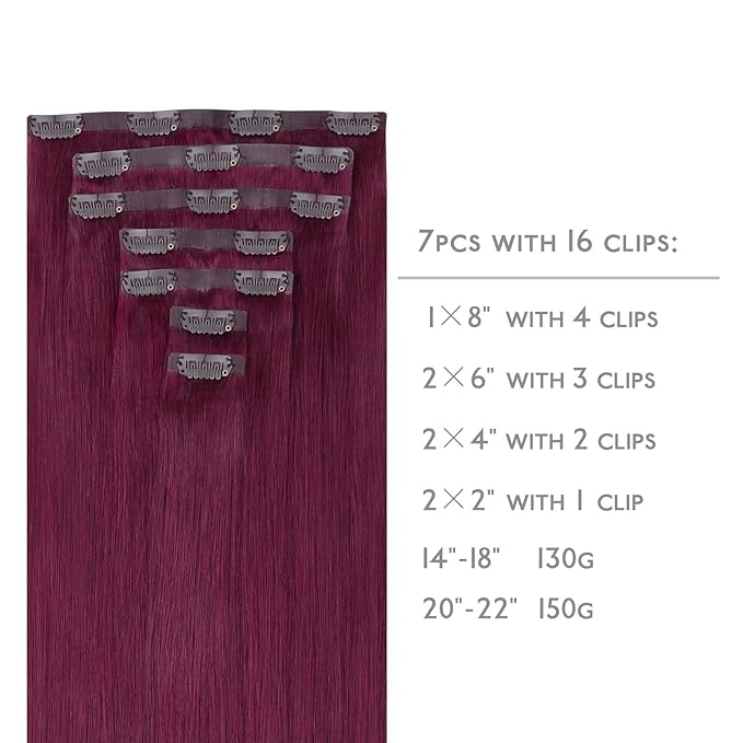 WENNALIFE Seamless Clip In Hair Extensions Human Hair, 20 Inch 150g 7pcs Light Burgundy Real Hair Extensions Clip in Human Hair Invisible PU Skin Weft Natural Remy Human Hair Extensions