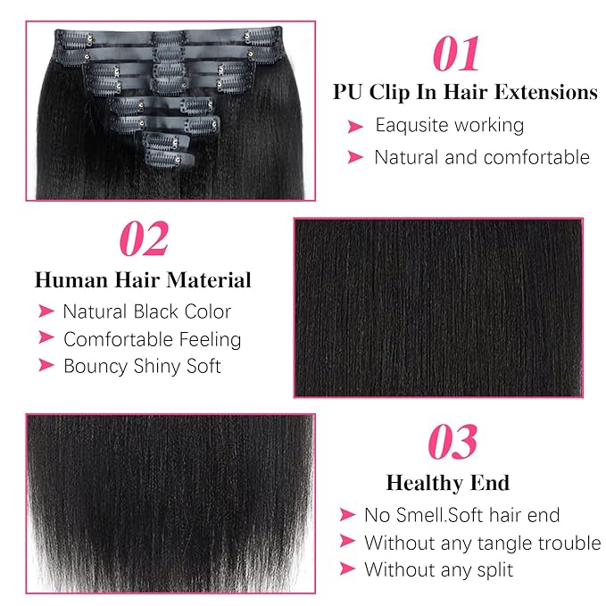 Seamless PU Yaki Straight Clip in Hair Extensions Real Human Hair For Women Invisible Yaki Straight Clip ins (24inch,#1B)