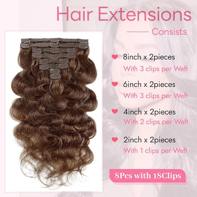 Clip in Hair Extensions Real Human Hair Body Wave 4 Chocolate Brown Clip in 100% Brazilian Remy Human Hair Extensions 8pcs Per Set with 18 Clips Double Weft 24 Inch 120g/3.6oz