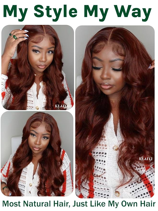 KLAIYI Bye Bye Knots Glueless Wig Reddish Brown Body Wave 7x5 Pre Cut HD Lace Front Wigs Human Hair Put On And Go Wig Pre Bleached Pre Plucked with Baby Hair 30S Ready To Wear 150% Density Full 14Inch