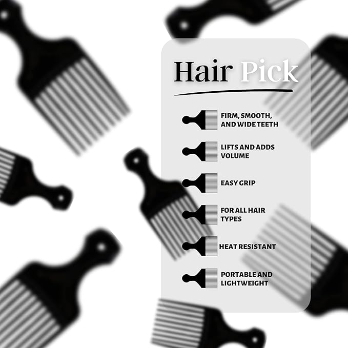 Plastic Hair Pick Comb – Wide Tooth Afro Lift Picks - Pack of 4 Combs - 5.25 Inch - for Styling Lifting Detangling Adding Volume for Long Curly and Thick Hair, Wigs and Beards for Men & Women