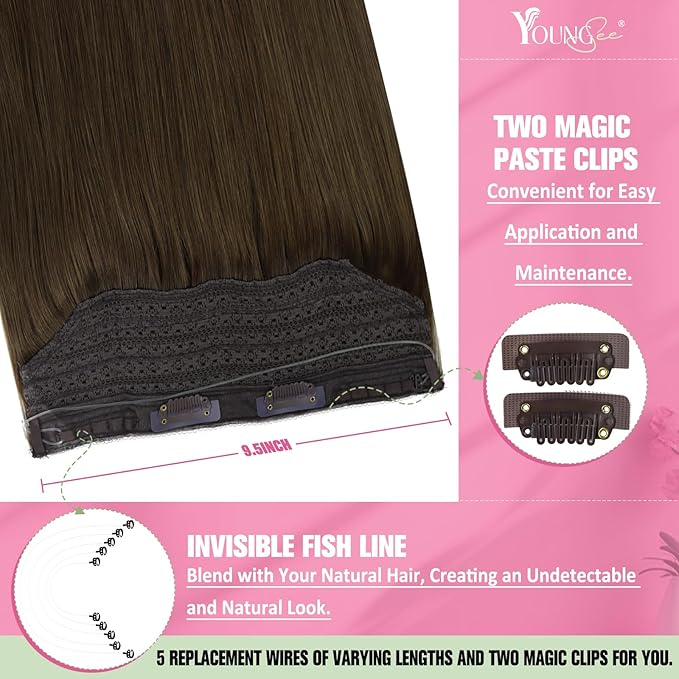YoungSee Wire Hair Extensions Real Human Hair Brown Wire Human Hair Extensions Brown Fish Line Hair Extension Real Human Hair Easy of Use 70g 14 Inch