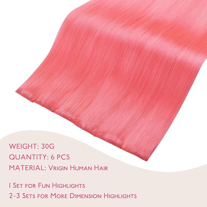 WENNALIFE Light Pink Clip in Hair Extensions Real Human Hair 35g 6pcs 18 Inch Colored Hair Extensions for Kids Women Colorful Hair Pieces Pop-up Style Straight Extensiones De Cabello Humano Con Clip