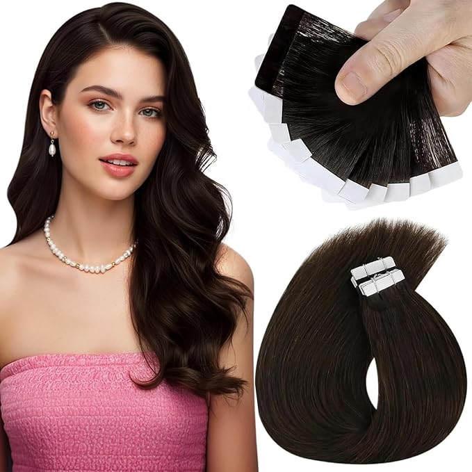 Sunny Hair Tape in Hair Extensions Real Human Hair Invisible Remy Hair Extensions Tape ins for Women Darkest Brown 24 inch 25G