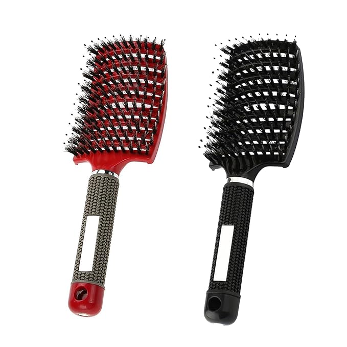 2pack Boar Bristle Hair Brush No Pull Curved Vented Hair Brushes Detangler Brush Fast Blow Drying Hair Brush for Kids Men Women Wet Dry Long Thin Thick Curly Tangled Hair (red+black)