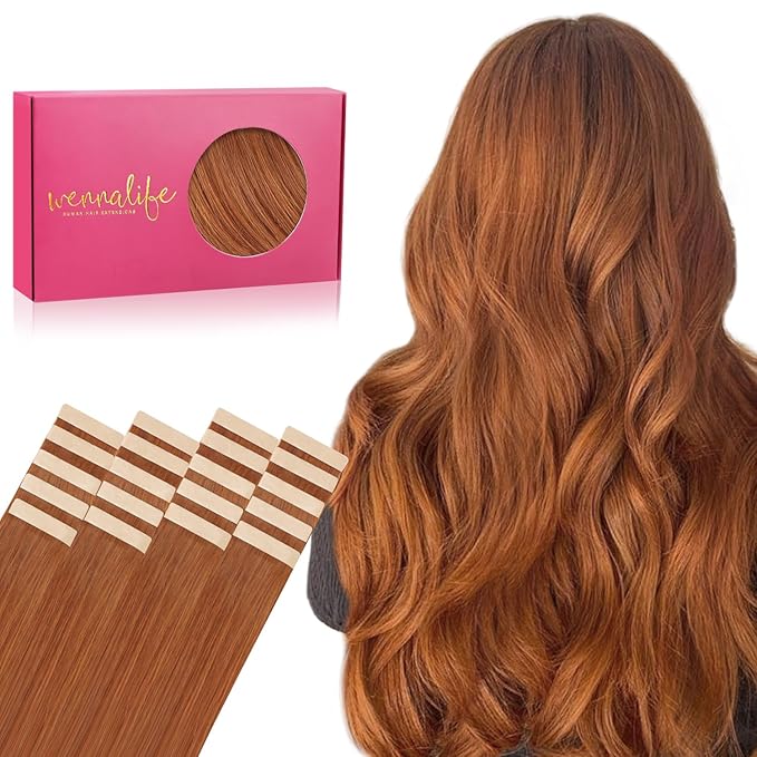 WENNALIFE Tape in Hair Extensions Human Hair, 20pcs 50g 20 inch Dirty Ginger Remy Hair Extensions Straight Human Hair Tape in Extensions Skin Weft Tape Extensions Human Hair