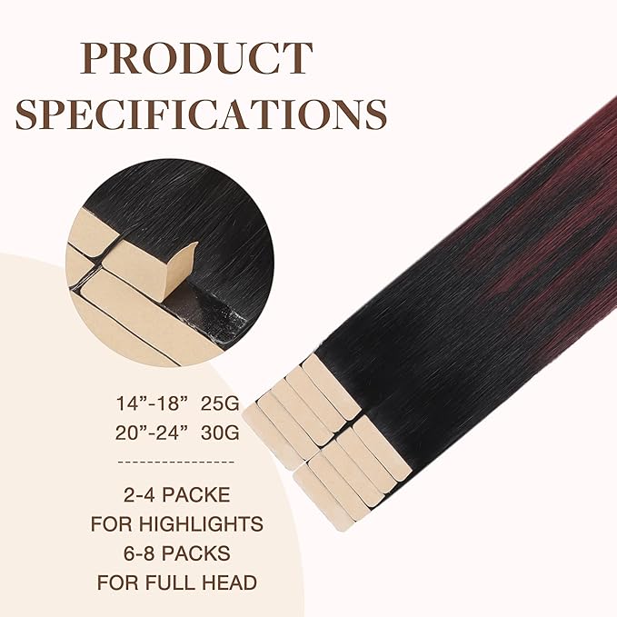 GOO GOO Tape in Hair Extensions Tape 201, 1/99 Balayage Jet Black to Red, 16inch 25g 10pcs