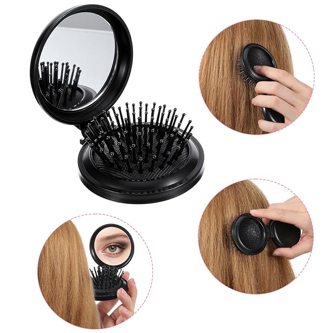 2PCS Folding Travel Mirror Hair Brushes, Round Folding Mirror Pocket Hairbrush, Foldable Hair-Brush with Makeup-Mirror for Women, Portable Mini Pop Up Hair-Brushes for Wet and Dry Hair (Black, Pink)