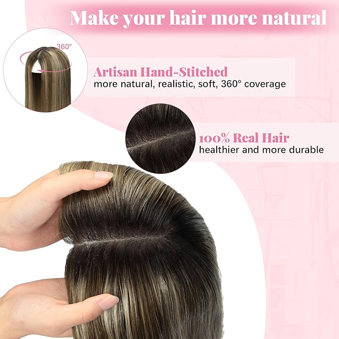 Hair Toppers for Women Real Human Hair 6x7inch Large Base 360°3D Human Hair Toppers for Women Natural Black Ombre Dark Brown Mix Blonde 65g Add Volume 14inch (#1B/4/27 Toppers-14inch)