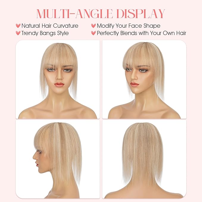 Hairro Mono Hair Toppers with Bangs, 3.4" x 3.4" Mono Base 100% Real Human Hairpieces for Women, 150% Density Clips In Topper for Greyish Thinning Hair, 14 Inch Golden Brown Mix Bleach Blonde