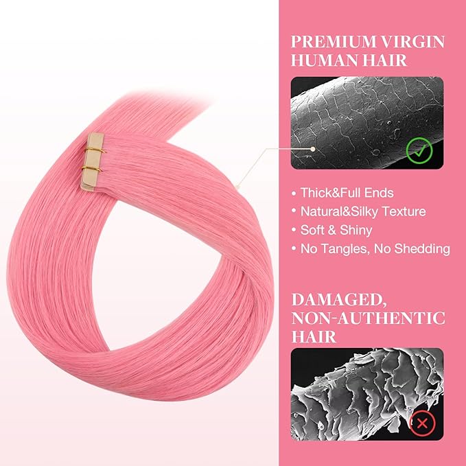 GOO GOO Tape in Hair Extensions Human Hair, Peach Pink, 12inch 20g 10pcs, Colored Tape ins Human Hair Extensions, Silky&Soft Invisible Tape Ins, Hair Highlighted for Party