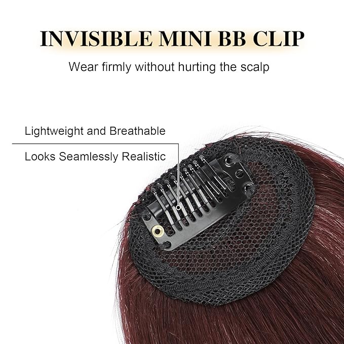 BOGSEA Clip in Bangs 100% Human Hair Wispy Bangs Fringe with Temples Hairpieces for Women Fake Bangs for Daily Wear (Wispy Bangs, (Wine Red))