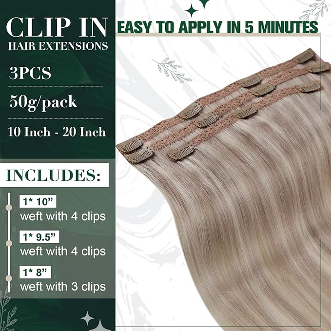 RUNATURE Real Human Hair Clip in Extensions, Short Clip in Hair Extensions, Clip on Hair Extensions for Women, Remy Natural Hair, Add Hair Volume, 10 Inch 50g 3pcs #19P60 Grey Blonde Highlights