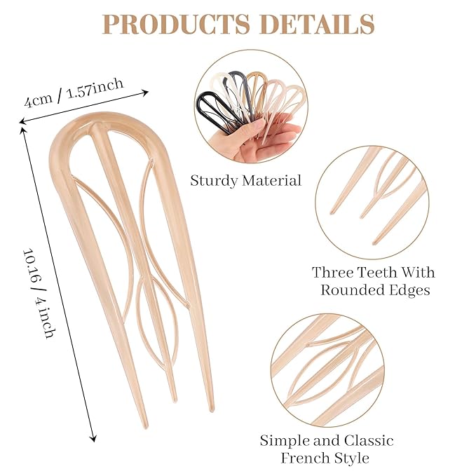 6 PCS French Hair Pins for Women - Large U-Shaped Hair Forks with Internal Teeth, Strong Hold for Thick & Thin Hair, Effortless French Twists, Updos, Buns & Chignons, Hairstyle Accessories