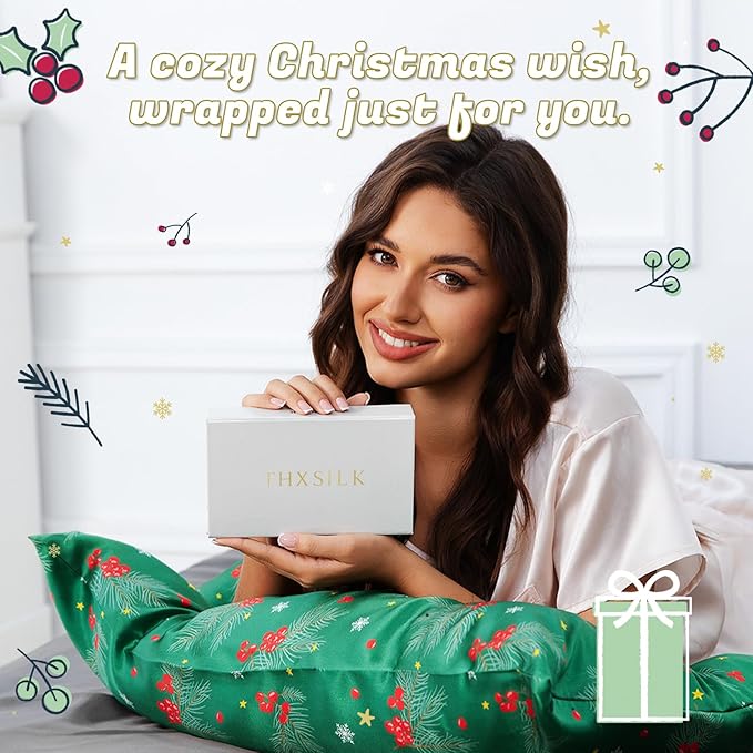 THXSILK Christmas Style 6A+ Grade Mulberry Silk Pillowcase for Hair and Skin, 22 Momme 100% Pure Silk Pillow Case with Hidden Zipper, Christmas Holly Printed Pillow Cover(King Size 20"x36", Green)