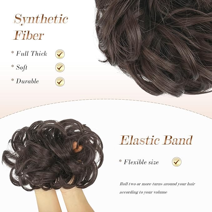 FESHFEN Messy Bun Hair Piece - Large Elastic Wavy Curly Hair Bun Scrunchies Ponytail Extensions Synthetic Chignon Hairpieces for Women, Dark Brown 1.94oz