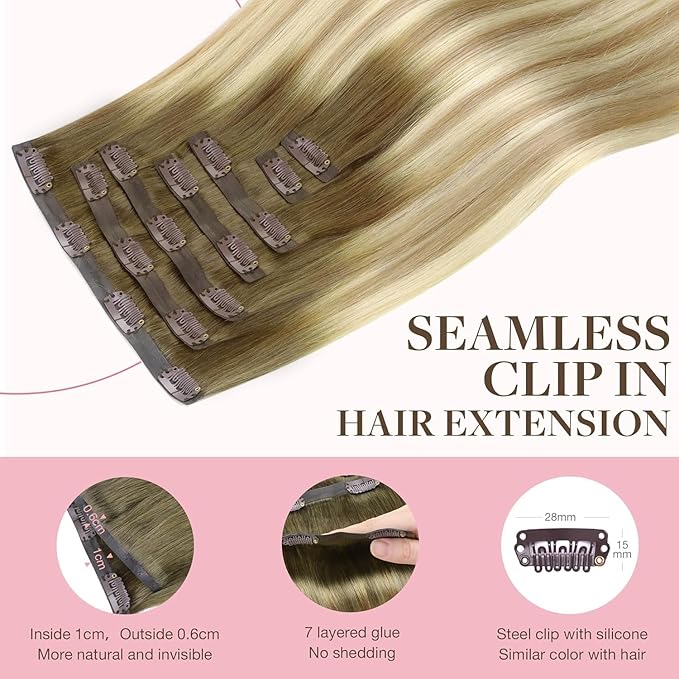 GOO GOO Clip in Hair Extensions Real Human Hair, Remy Human Hair Extensions Clip ins for Women, Natural Human Hair, 22inch 110g 7Pcs, 5A/90/16F Bahamian Balayage