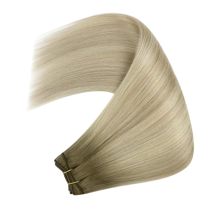 YoungSee 100g Sew in Hair Extensions Real Human Hair Ombre Human Hair Weft Extensions Ash Blonde Ombre Platinum Blonde Highlights Sew in Hair Extension for Short Hair 14inch