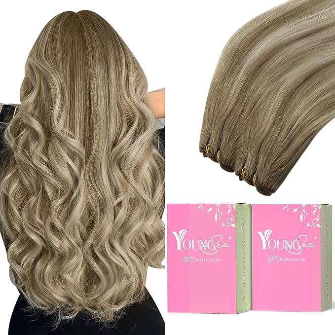 YoungSee Balayage Weft Hair Extensions Light Brown Mix Platinum Blonde Balayage Huamn Hair Weft Extensions One Piece Human Hair Extensions Sew in 22in 100g
