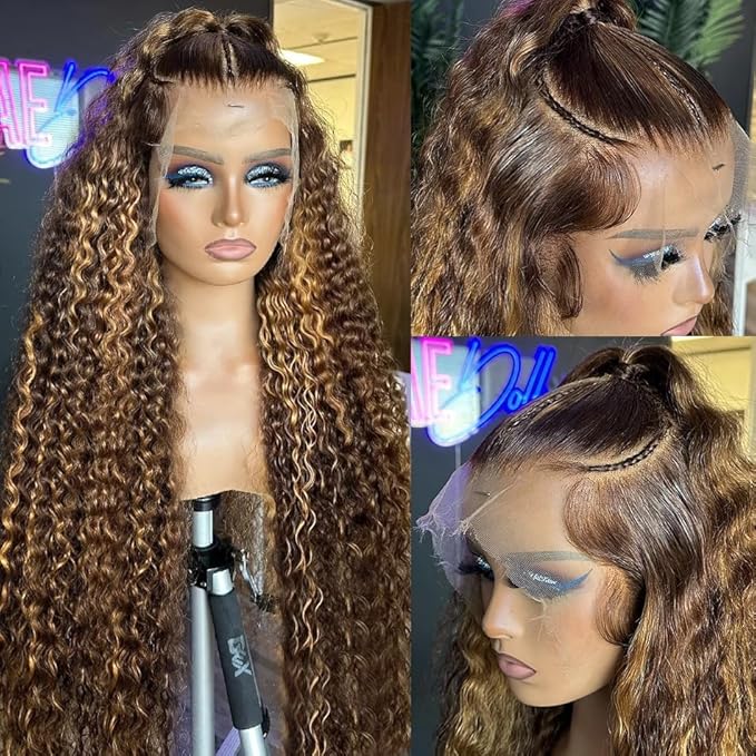 360 Deep Wave Lace Front Wigs Human Hair 220% Density Honey Blonde Deep Curly Human Hair wig Ombre Deep Wave 4/27 Highlight Lace Front Wigs Pre Plucked Wet And Wavy Water Wave Wig for Women 28 Inch