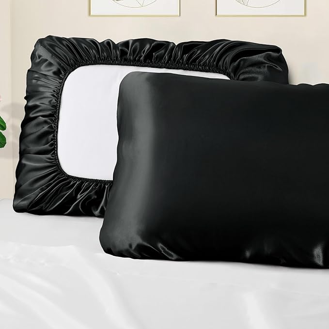 Manyshofu Satin Pillowcases for Hair Protection - 1Pcs Black Pillow Cases, Elastic Band Standard & Queen Satin Pillowcases Luxury Silky Pillow Cases Travel Pillow Covers