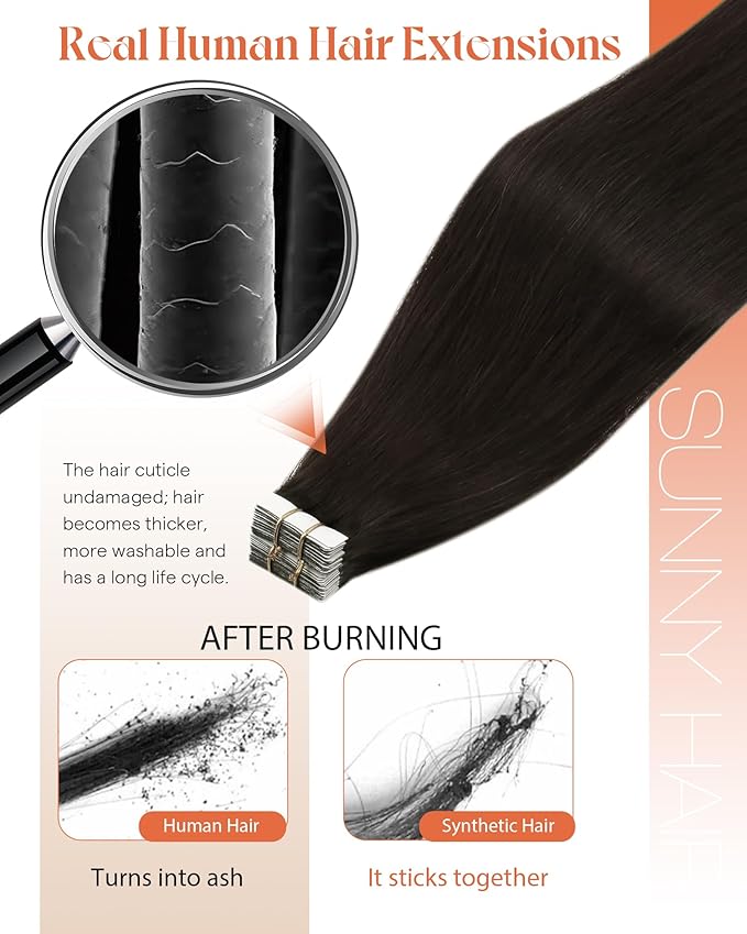 Sunny Hair Tape in Hair Extensions Real Human Hair Invisible Remy Hair Extensions Tape ins for Women Darkest Brown 24 inch 20Pcs 50G