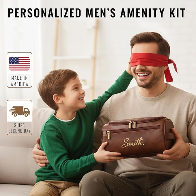 Personalized Toiletry Bag for Men, Engraved Name Initials Toiletry Bag, Customized Monogram Travel Shaving Dopp Kit for Groomsmen, Gift for Christmas, Birthday, Dad, Husband (Dark Coffee)