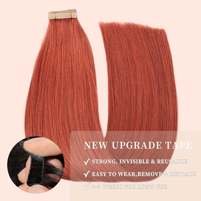 Tape in Hair Extensions Human Hair 20pcs Remy Hair Extensions 22 Inch Copper Straight Invisible Human Hair Tape in Extensions Skin Weft Tape Extensions Human Hair (350#,22 Inch)