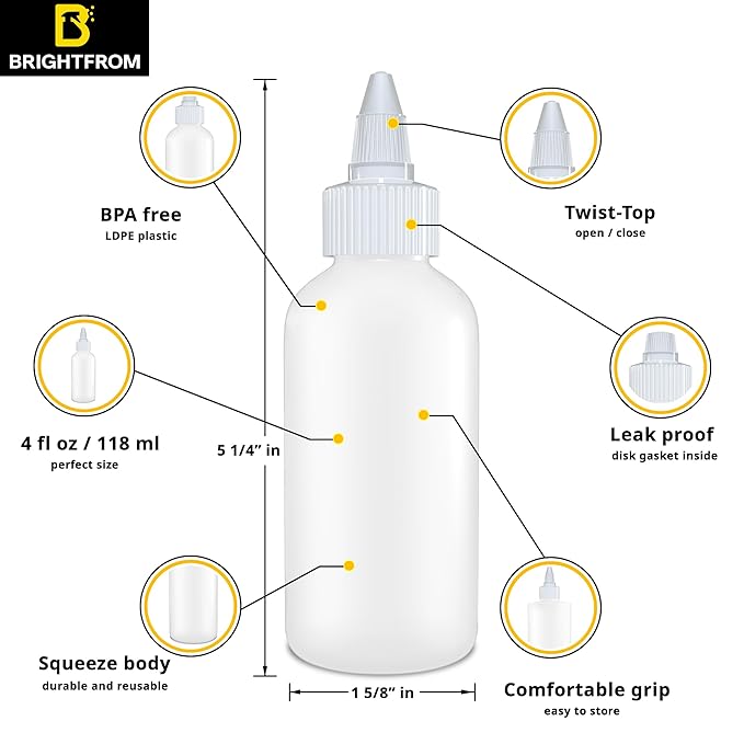 BRIGHTFROM Twist Top Applicator Bottles, Squeeze 4 OZ Empty Plastic Bottles, Refillable, Open/Close Nozzle - Multi Purpose (Pack of 2)