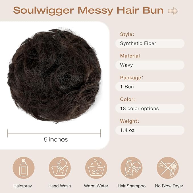 Messy Bun Hair Piece Wavy Curly Scrunchies Fluffy Donut Thick Updo Elegant Chignon Hairpieces for Women Girls, Black Brown 1.4oz
