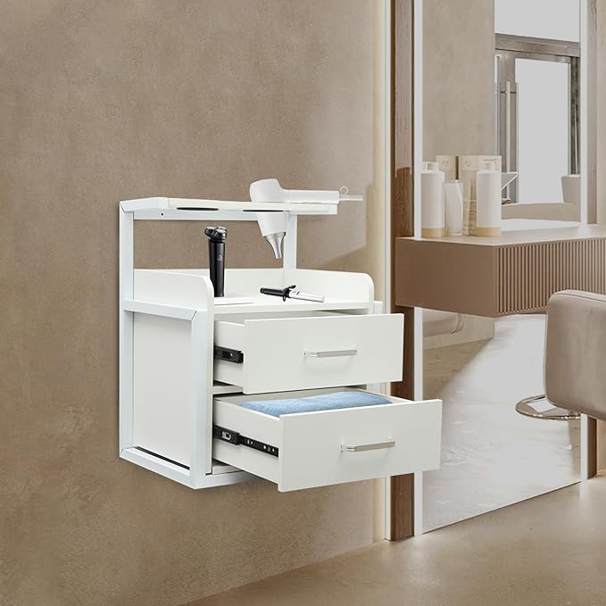 Suspended Salon Station for Hair Stylist, Wall Mounted Styling Salon Station Storage Cabinet w/2*Drawers &Hair Dryer Stand,Floating Nightstand Stylist Storage Cabinet for Home (Sliver+White)