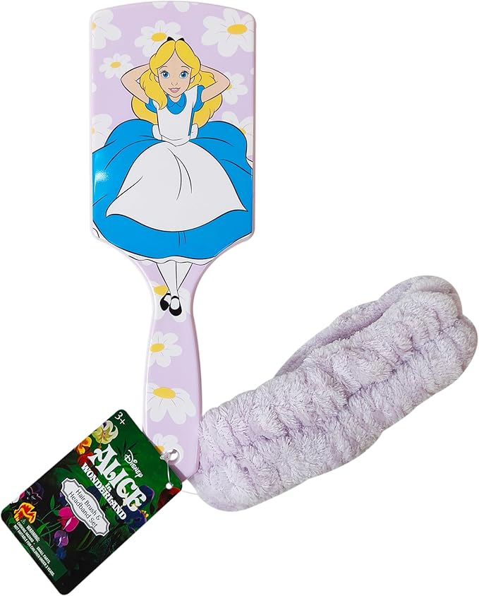 LUV HER Kids Hair Brush & Spa Headband Set for Girls - Features Disney Alice in Wonderland - Fun Grooming Kit for Detangling, Styling & Skincare - Soft & Stretchy One Size, Ages 3+