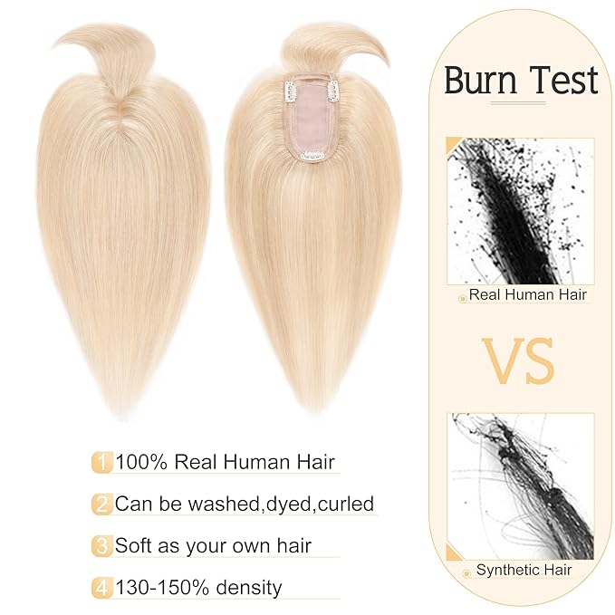 SEGO Hair Toppers for Women Real Human Hair With Bangs, 7 * 13CM Silk Base 100% Remy Clip in Top Wiglet Hairpieces -8 Inch 18P613 Ash Blonde&Bleach Blonde