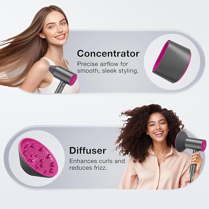 Ionic Hair Dryer, 1875W Fast Drying Blow Dryer with Diffuser and Concentrator Nozzle, Foldable Design, Negative Ion Hairdryer, 3 Heat 2 Speed Settings, Lightweight for Home & Travel, Gray