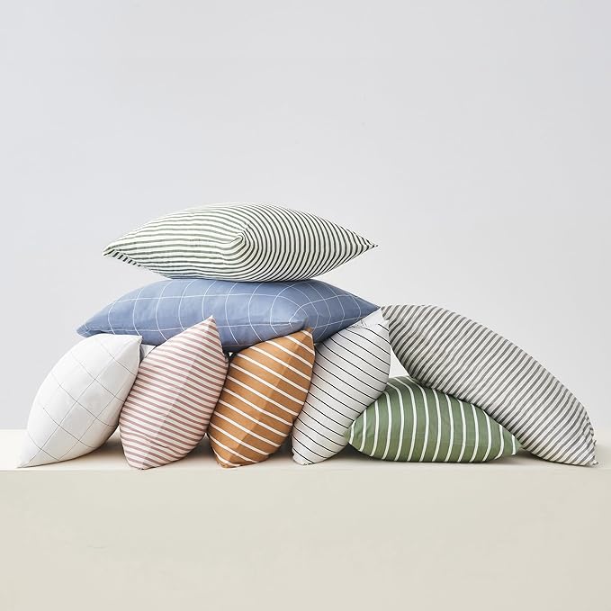 JELLYMONI 100% Natural Cotton Plaid King Pillowcases Set, 2 Pack White with Green Grid Geometric Pattern Printed Pillow Covers with Envelope Closure(Pillows are not Included)