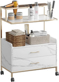 Salon Rolling Trolley with Lockable Wheels Barber Cart with Storage Drawer Mobile Hair Station Cabinet for Beauty Makeup Esthetician Spa Massage (White Marble-one Shelf-Two-Drawers)