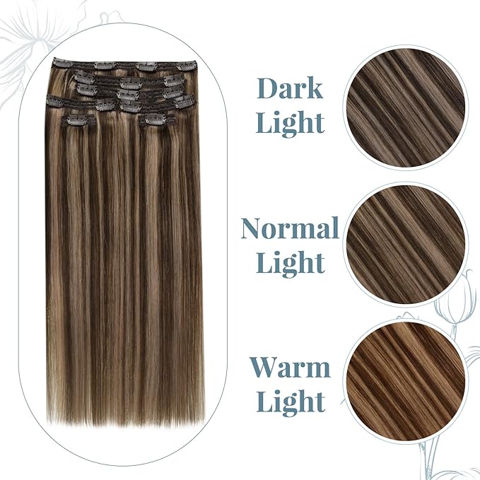RUNATURE Clip in Hair Extensions Real Human Hair Dark Brown Highlight Soft Silky Human Hair Clip in Extensions 50g 3pcs 18 Inch #3P12 Brown Highlight Blonde