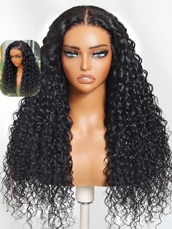 YIROO Bye Bye Knots Glueless Water Wave and Jerry Curly Drawstring Wig Human Hair, 7x5 Pre Cut Lace Front Glueless Wigs Pre Bleached Pre Plucked Wear and Go Wig for Women 150% Density 26Inch