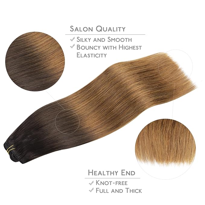 WENNALIFE Clip in Hair Extensions Real Human Hair, 22 Inch 120g 7pcs Human Hair Extensions Clip In Human Hair, Ombre Dark Brown to Light Chestnut Brown Clip In Real Hair Coloured Remy