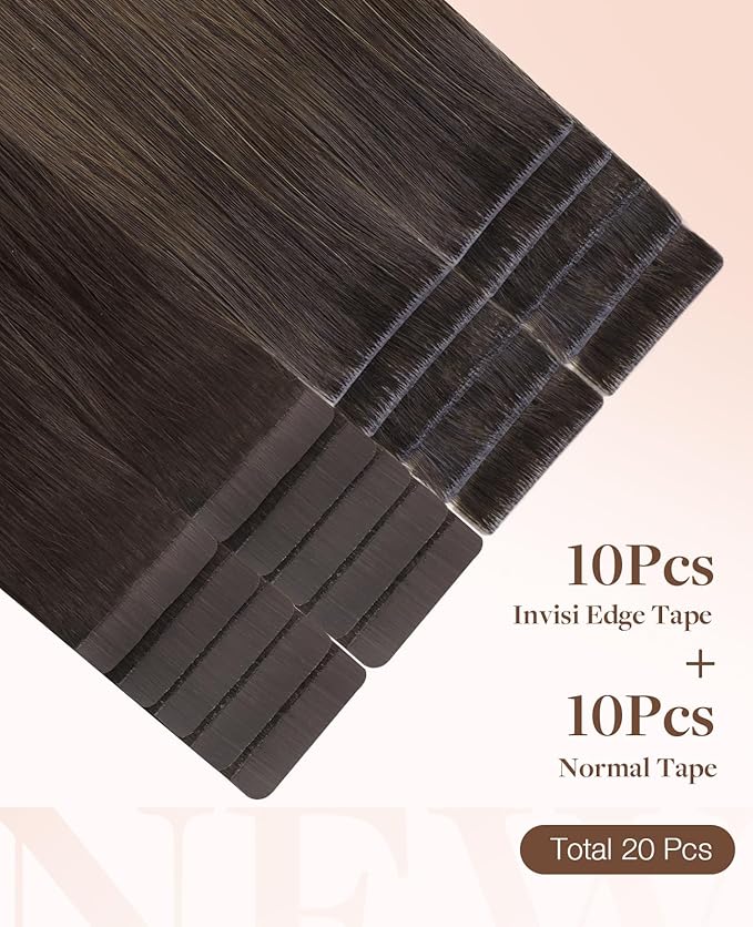 GOO GOO Invisi Edge Tape in Hair Extensions Human Hair, 1D/2C/4E Chocolate Dip Color Melt10pcs injected with 10pcs classical tape ins, 14inch 50g, Virgin Remy Hair, Natural Look