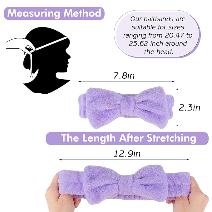 Zkptops 6Pcs Spa Headband for Washing Face Wristbands Set Women Bubble Skincare Makeup Sponge Terry Cloth Padded Puffy Headband Bow Tie Hairband Cute Non Slip Thick Hair Accessory Gifts (Purple)