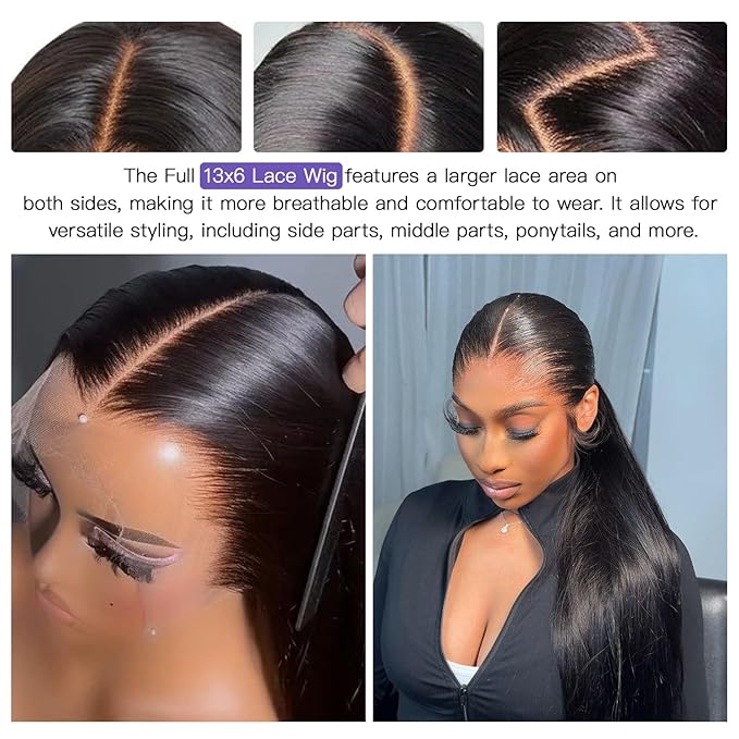 Lemoda Full 13x6 SKINLIKE Real HD Lace Frontal Wigs 210% Density 24Inch 15A Straight 13x6 Full Lace Frontal Virgin Human Hair Wigs Invisible 0.1mm Ultra-thin Knots Frayed Ends Lace Wig Pre plucked