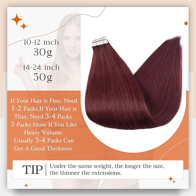 Full Shine Tape in Extensions 18 Inch Wine Red Tape in Hair Extensions Human Hair Burgundy Human Hair Extensions Tape ins 50 Gram Seamless Skin Weft Hair Extension 20 Pcs Double Sided Tapes